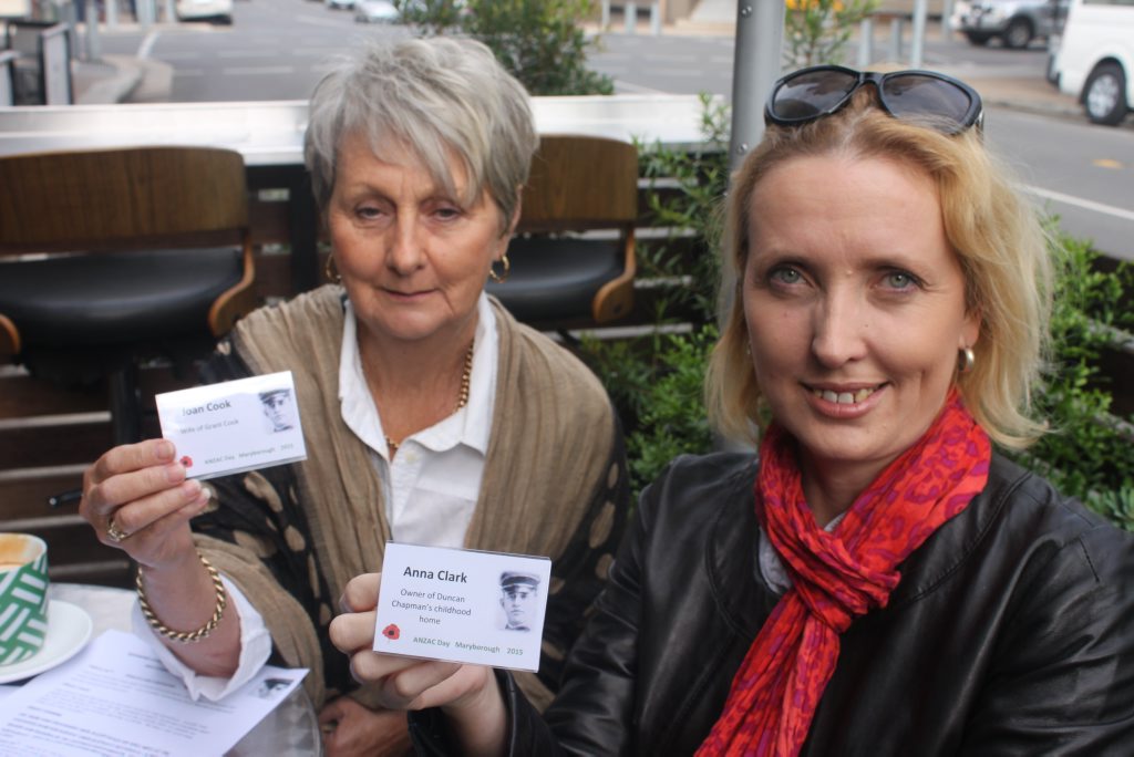 Joan Cook and Anna Clark with names badges that will be worn by members of the Chapman family on their historic Maryborough visit. Joan Cook and Anna Clark with names badges that will be worn by members of the Chapman family on their historic Maryborough visit.